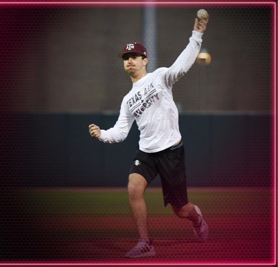 An Iron Spikes member throwing a pitch at a Texas A&M baseball game